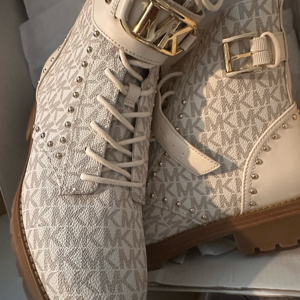 Michael Kors Cream and Gold Combat Boots with Studded Accents - Picture 2 of 3